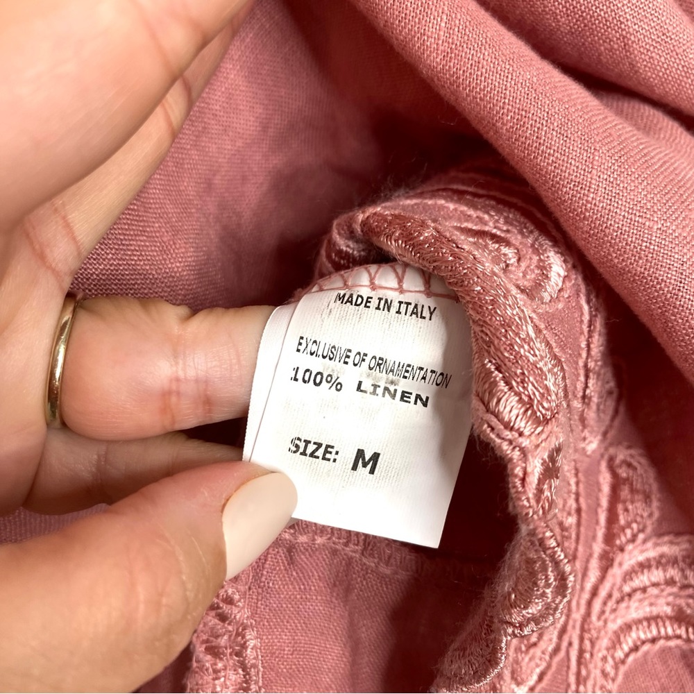 Lina Tomei Linen Floral Embroidered Trim Short Sleeve Pullover Blouse Dusty Rose - Picture 6 of 8